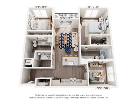 Floor plan for 2 beds, 2 baths, 1138 sqft